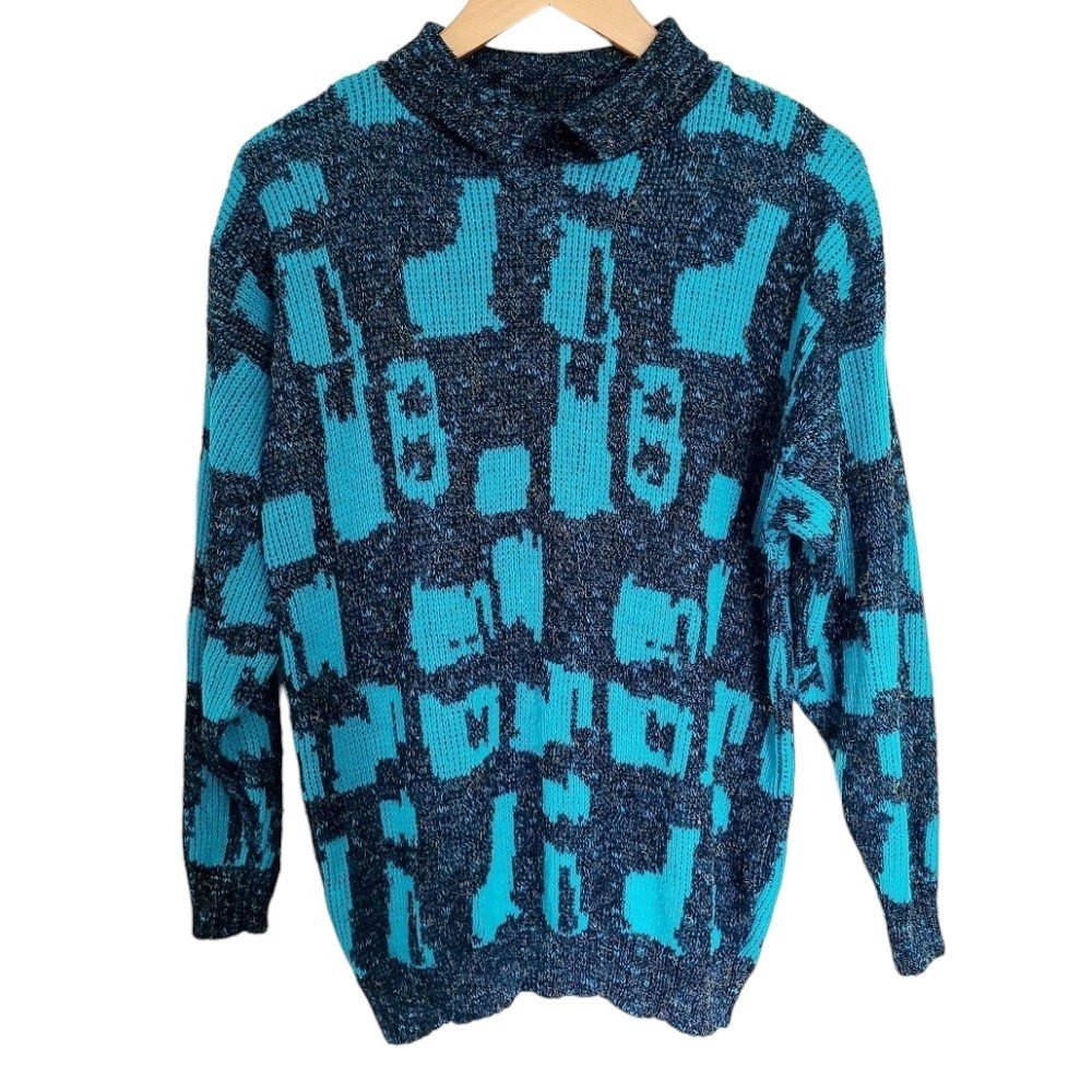 Vintage Papillon Turquoise Abstract Collared Pullover Sweater Small Oversized